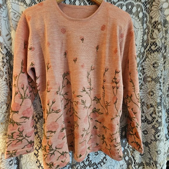 Rare Vintage 100% Merino Wool Rose Sweater Women's L - Picture 7 of 9